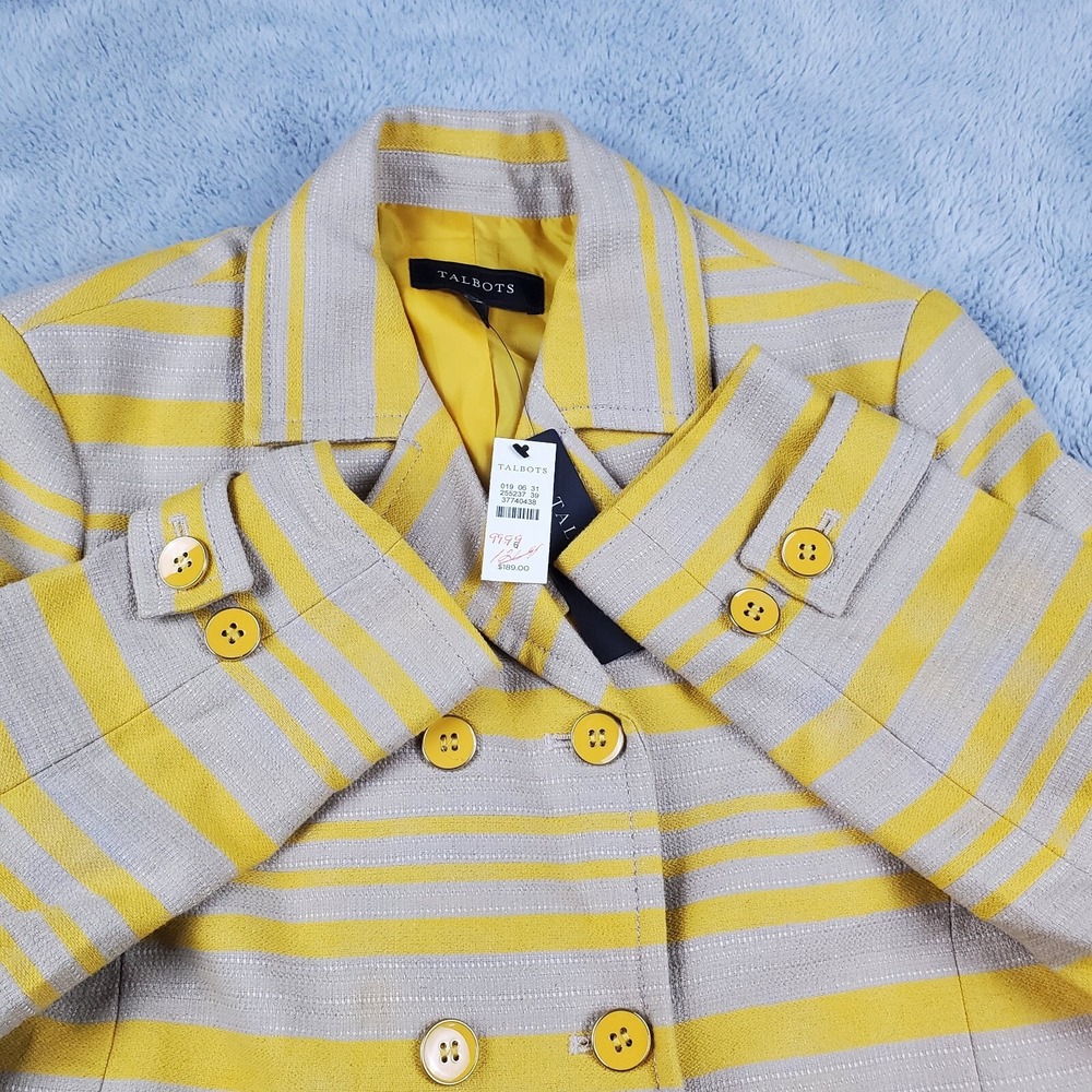 Talbots Linen Blend Blazer Womens‎ Sz 6 Double Breasted Striped Yellow Grey NEW